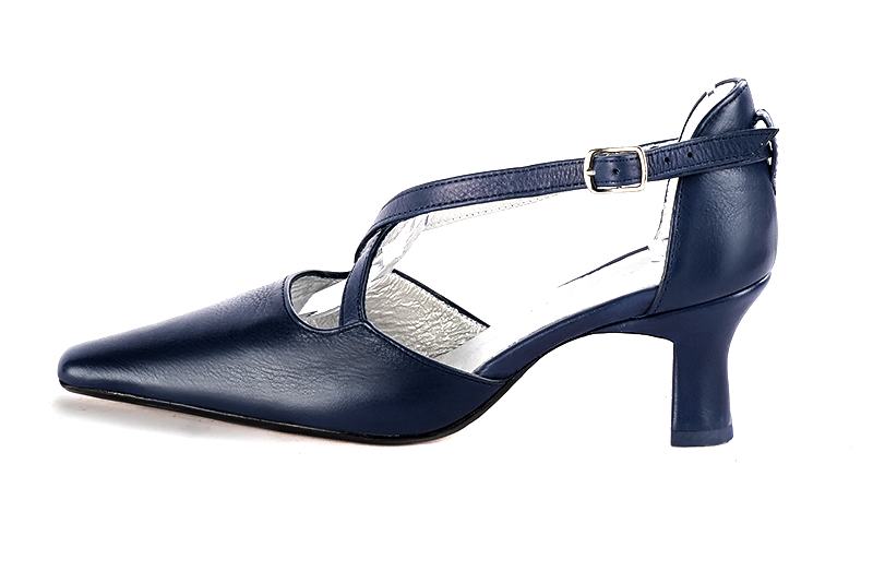 Navy blue women's open side shoes, with crossed straps. Tapered toe. Medium spool heels. Profile view - Florence KOOIJMAN